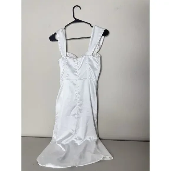 Miss Circle $185 Hedy Sz S White Satin Corset Mini Dress Ruch Mini Slit Silky - Picture 8 of 13